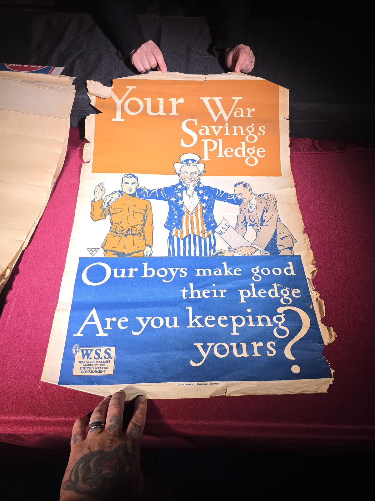 Grouping of Seven Antique WWI Propaganda and Liberty Bond Posters including "Beat Back the Hun," "Clear-The-Way!!," "Keep Him Free," and "Remember Belgium"