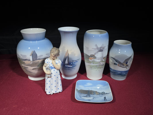 Grouping of Six Vintage Royal Copenhagen Porcelain Pieces including Landscape Vases, Figurine, and Tray