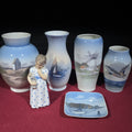 Lot 175 - Grouping of Six Vintage Royal Copenhagen Porcelain Pieces Including Landscape Vases, Figurine, and Tray