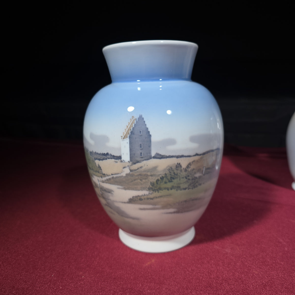Grouping of Six Vintage Royal Copenhagen Porcelain Pieces including Landscape Vases, Figurine, and Tray