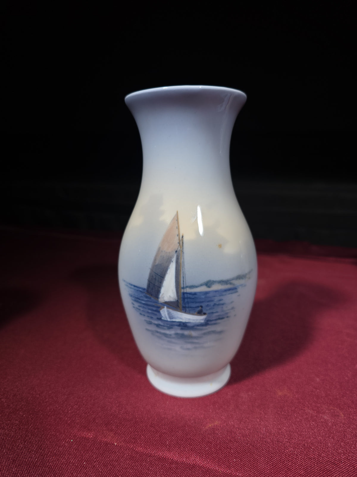 Grouping of Six Vintage Royal Copenhagen Porcelain Pieces including Landscape Vases, Figurine, and Tray