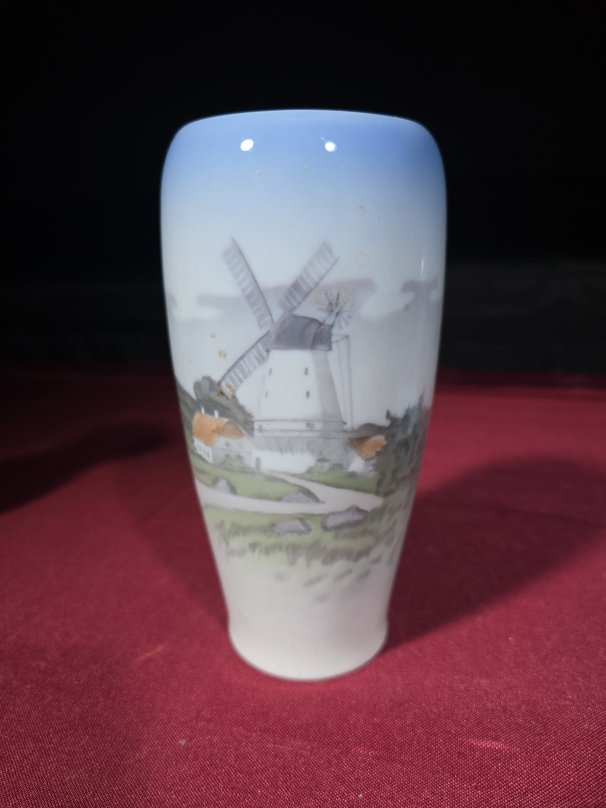 Grouping of Six Vintage Royal Copenhagen Porcelain Pieces including Landscape Vases, Figurine, and Tray