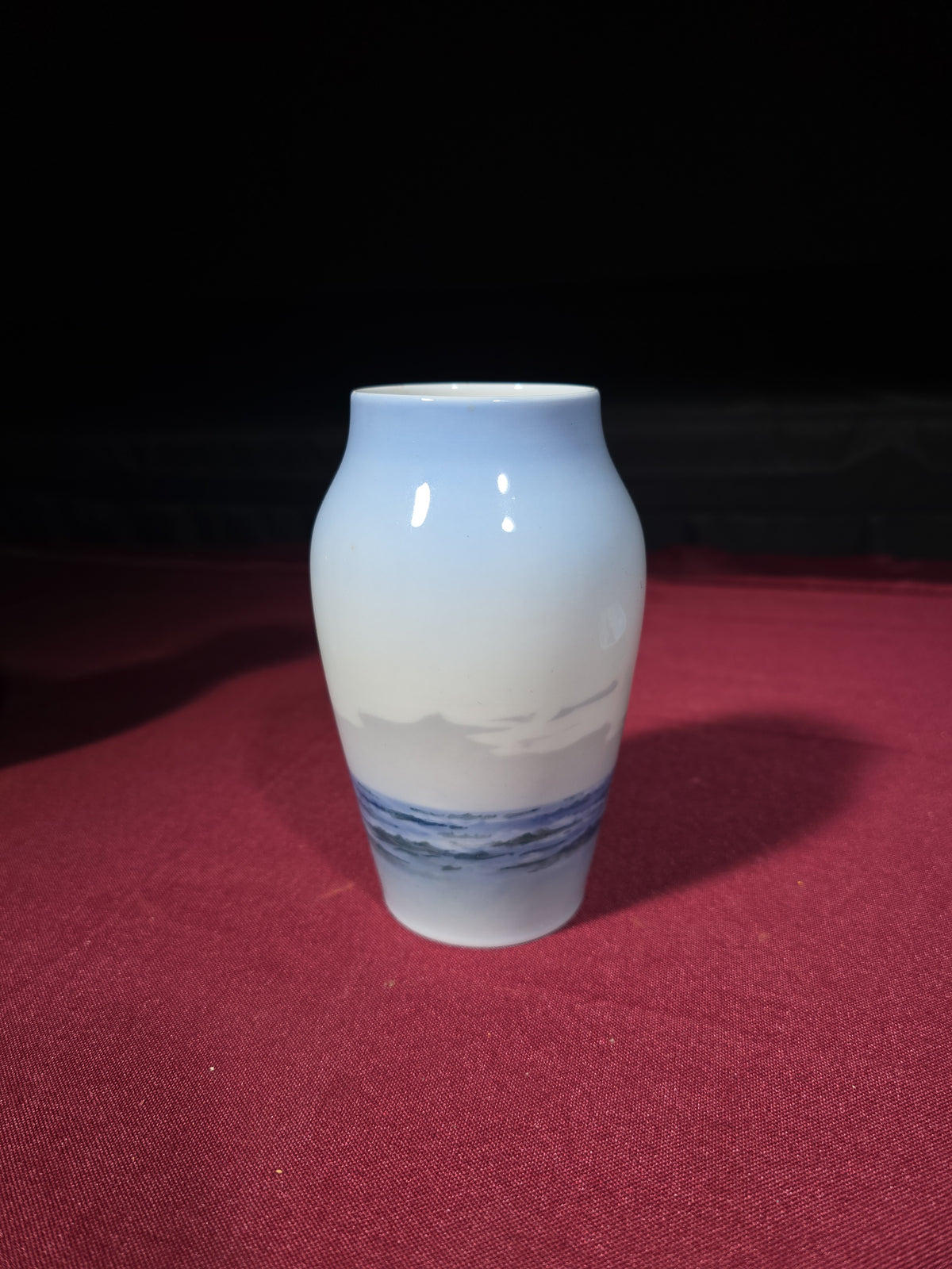Grouping of Six Vintage Royal Copenhagen Porcelain Pieces including Landscape Vases, Figurine, and Tray