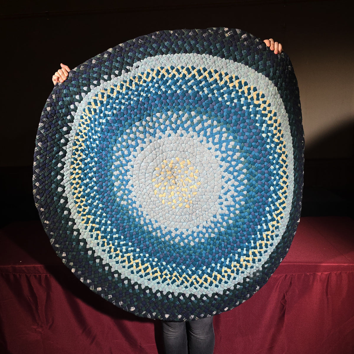 Vintage Round Braided Rug in Shades of Blue, Green, and Yellow