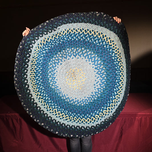 Vintage Round Braided Rug in Shades of Blue, Green, and Yellow