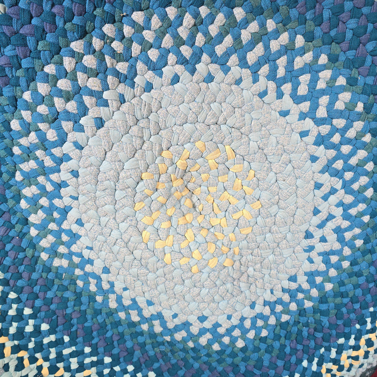 Vintage Round Braided Rug in Shades of Blue, Green, and Yellow