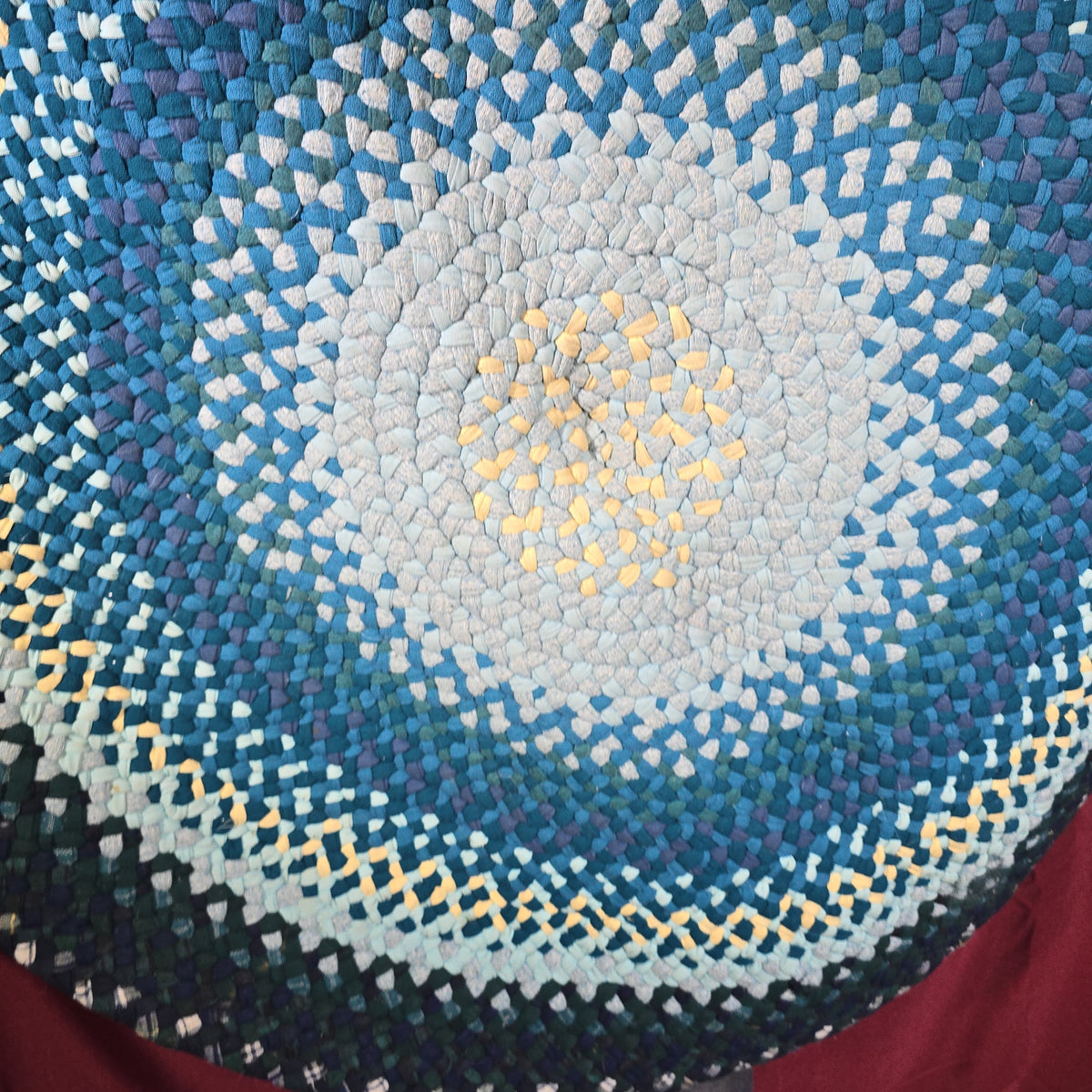 Vintage Round Braided Rug in Shades of Blue, Green, and Yellow