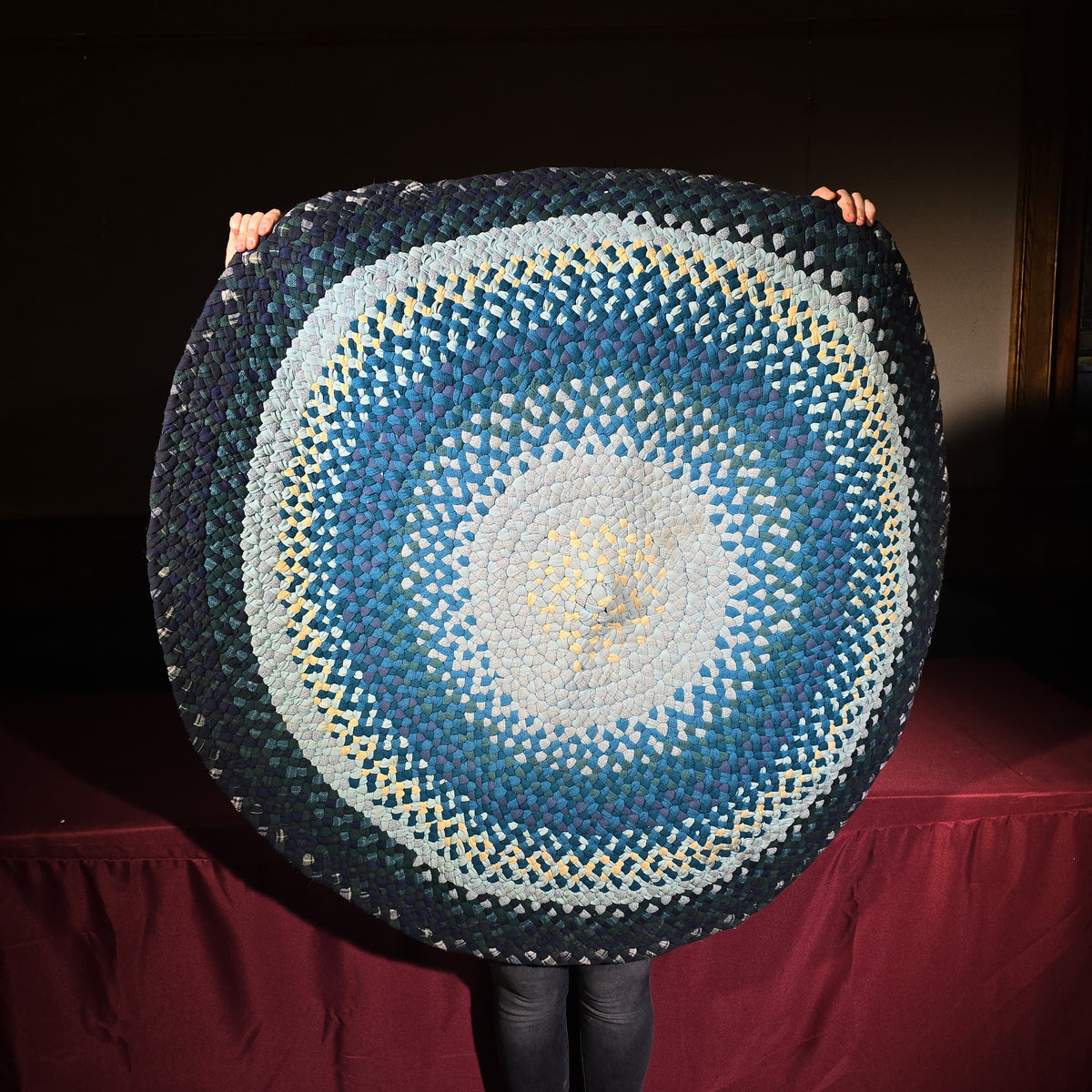 Vintage Round Braided Rug in Shades of Blue, Green, and Yellow