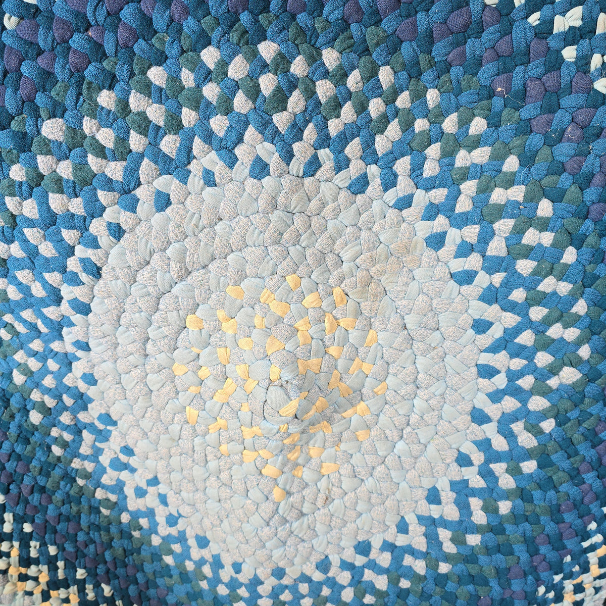 Vintage Round Braided Rug in Shades of Blue, Green, and Yellow
