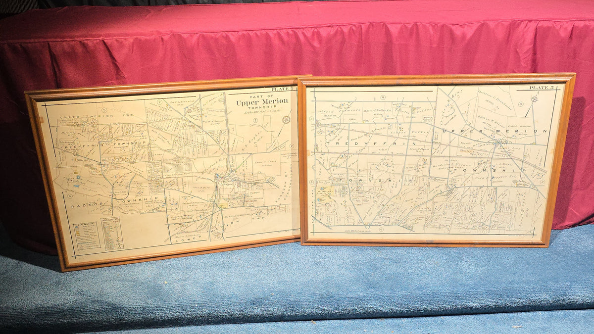 Pair of Antique Framed 1912 Township Maps of Tredyffrin and Upper Merion, Pennsylvania, Copyright A. H. Mueller