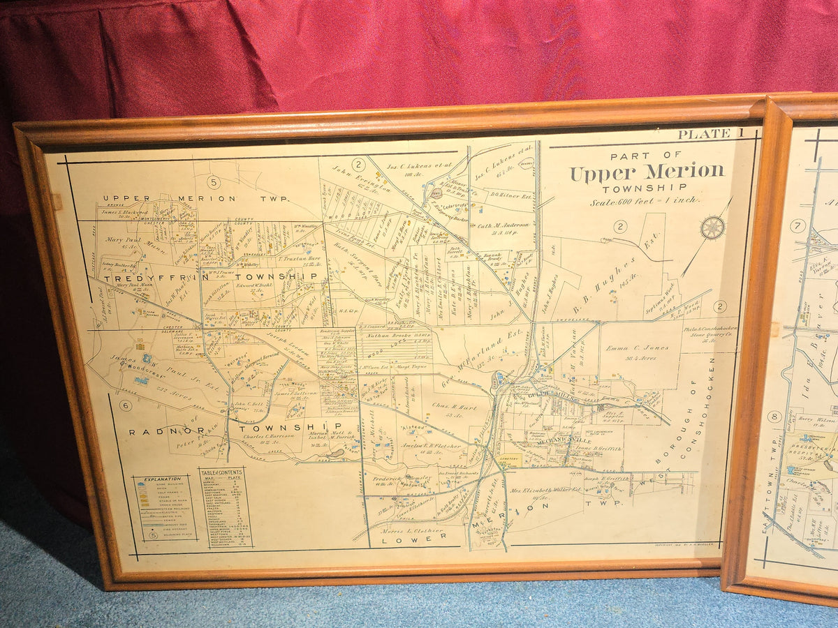 Pair of Antique Framed 1912 Township Maps of Tredyffrin and Upper Merion, Pennsylvania, Copyright A. H. Mueller