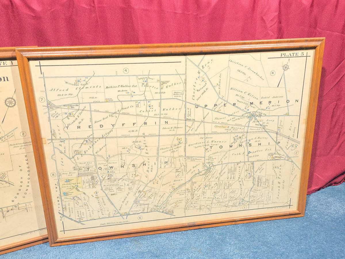 Pair of Antique Framed 1912 Township Maps of Tredyffrin and Upper Merion, Pennsylvania, Copyright A. H. Mueller