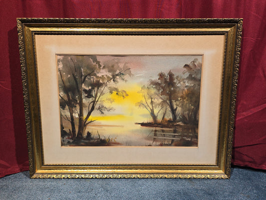 Vintage Framed Watercolor Painting on Paper, River Landscape, by Barbara Vassilieff, Great Neck, New York