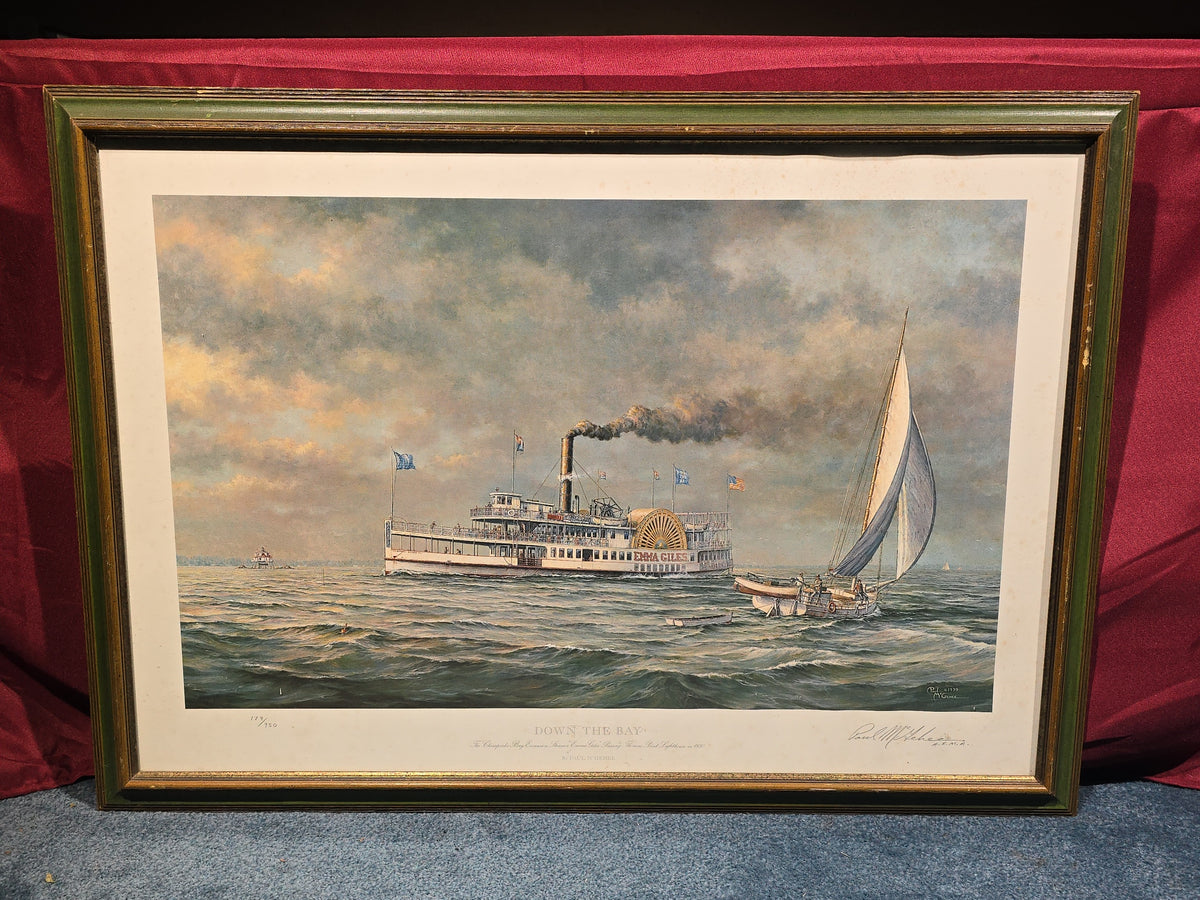 Vintage Signed and Numbered Paul McGehee Print "Down the Bay," Chesapeake Bay Excursion Steamer "Emma Giles" Passing Thomas Point Lighthouse, 179/950