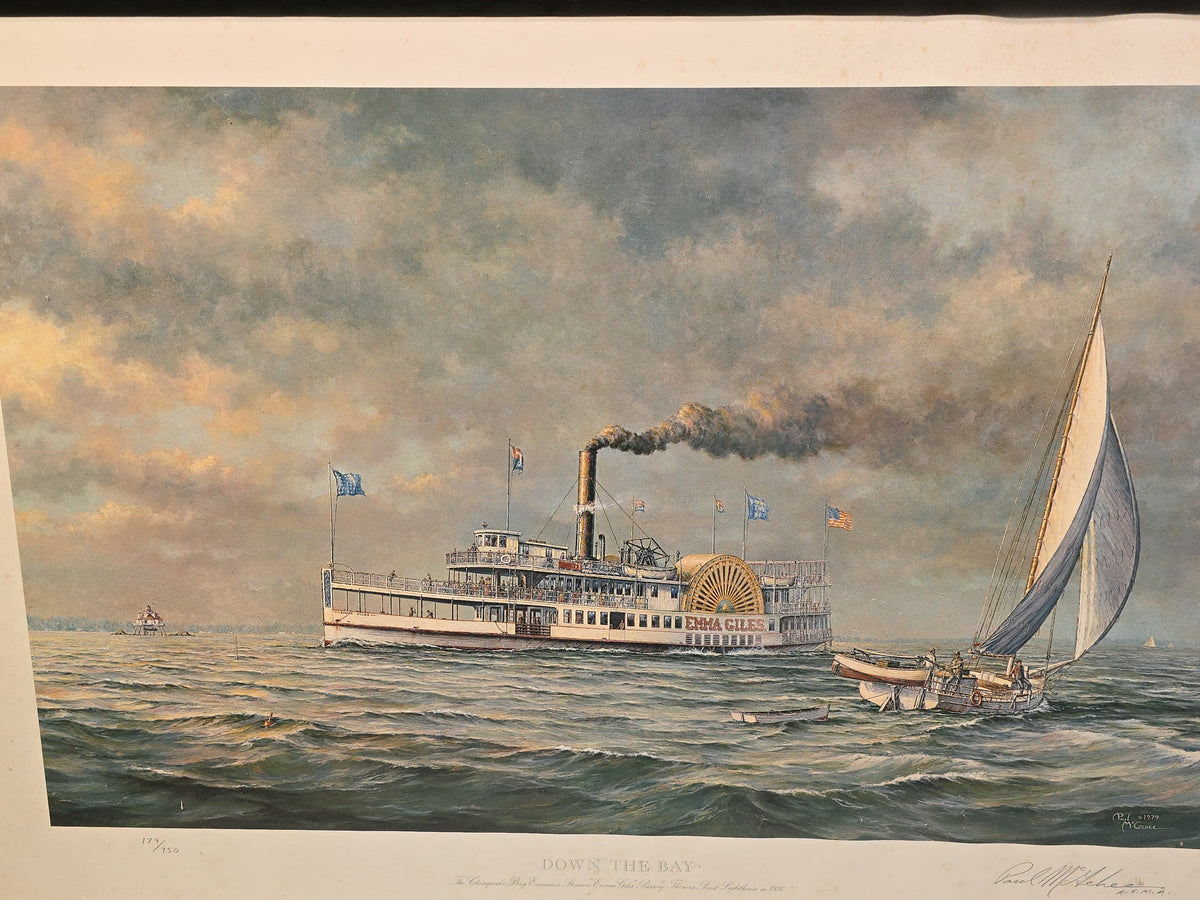 Vintage Signed and Numbered Paul McGehee Print "Down the Bay," Chesapeake Bay Excursion Steamer "Emma Giles" Passing Thomas Point Lighthouse, 179/950