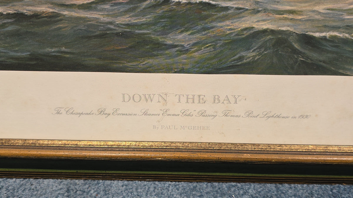 Vintage Signed and Numbered Paul McGehee Print "Down the Bay," Chesapeake Bay Excursion Steamer "Emma Giles" Passing Thomas Point Lighthouse, 179/950