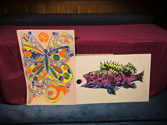 Pair of Vintage Psychedelic Silkscreen Prints by Earl Newman, Butterfly and Fish, Copyright 1967, Unframed