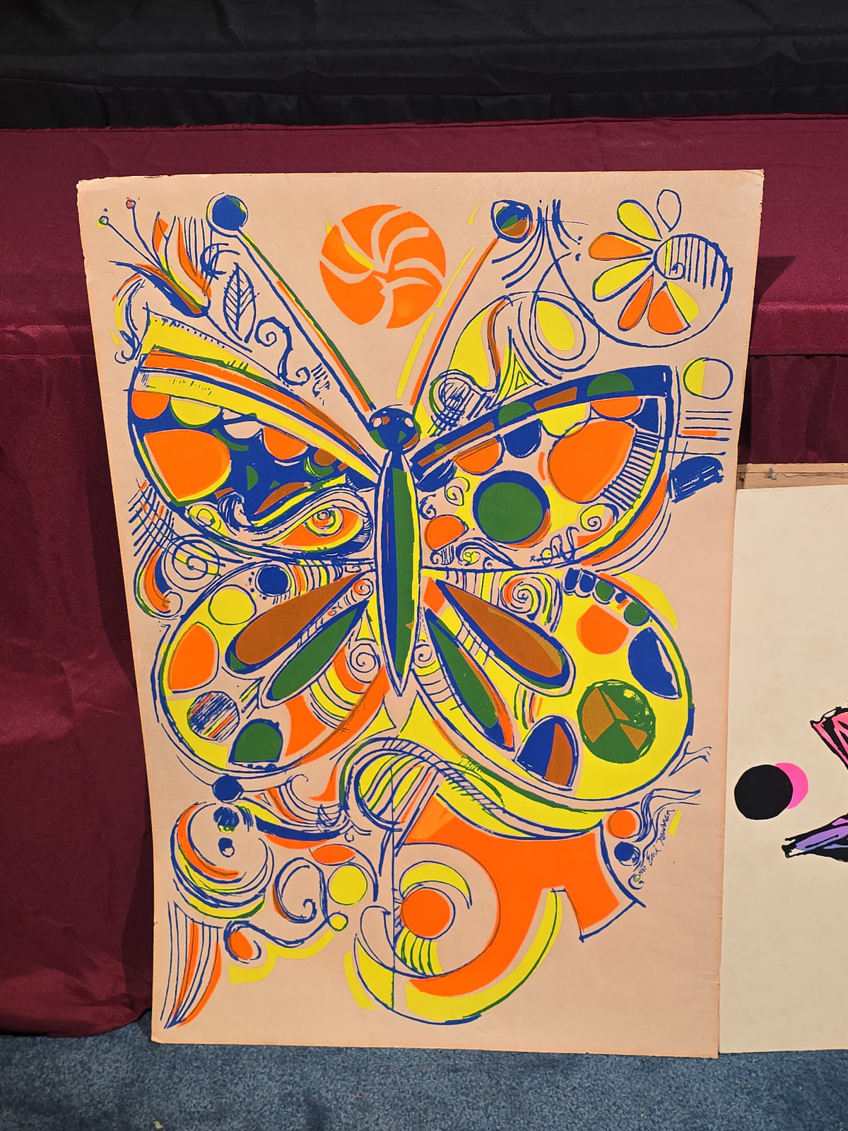 Pair of Vintage Psychedelic Silkscreen Prints by Earl Newman, Butterfly and Fish, Copyright 1967, Unframed