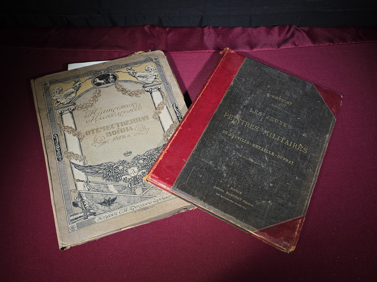 Pair of Antique Large-Format Military Books including "Les Jeunes Peintres Militaires" by Gustave Goetschy, 1878, and Russian "Нашествие Наполеона" ("Napoleon's Invasion") Patriotic War of 1812 Album