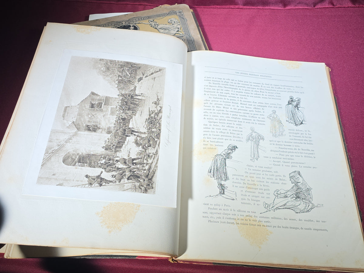 Pair of Antique Large-Format Military Books including "Les Jeunes Peintres Militaires" by Gustave Goetschy, 1878, and Russian "Нашествие Наполеона" ("Napoleon's Invasion") Patriotic War of 1812 Album