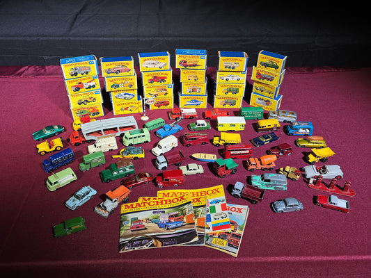 Vintage Lesney Matchbox Series Diecast Vehicle Collection with 24 Boxed Cars, Loose Vehicles, and Collector's Catalogs, 1960s