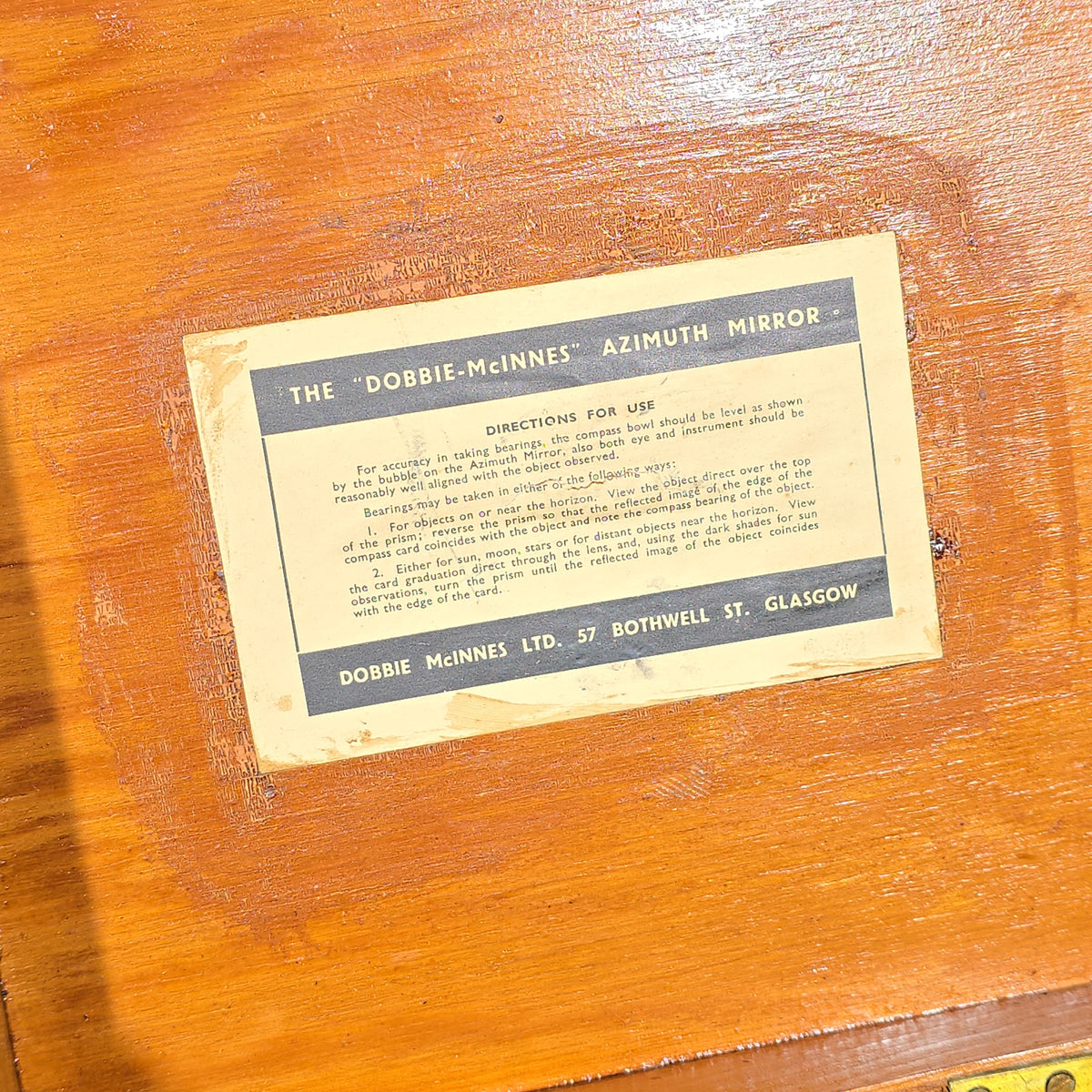 Vintage Dobbie-McInnes Azimuth Mirror No. 3551 in Oak Case with Brass Telescope and Manual, Manufactured by Dobbie McInnes Ltd., Glasgow