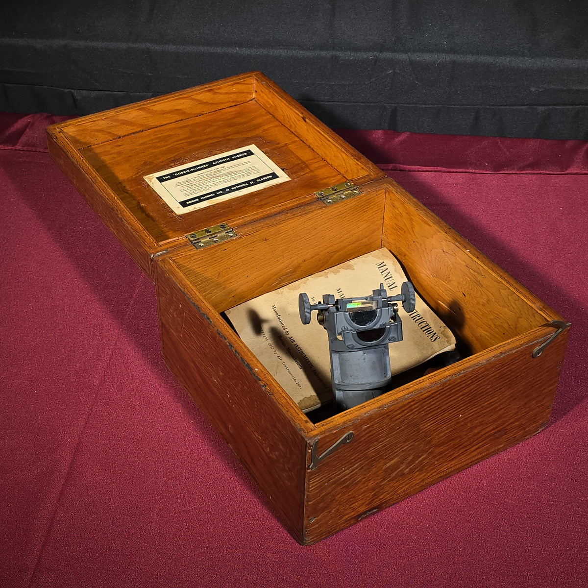 Vintage Dobbie-McInnes Azimuth Mirror No. 3551 in Oak Case with Brass Telescope and Manual, Manufactured by Dobbie McInnes Ltd., Glasgow