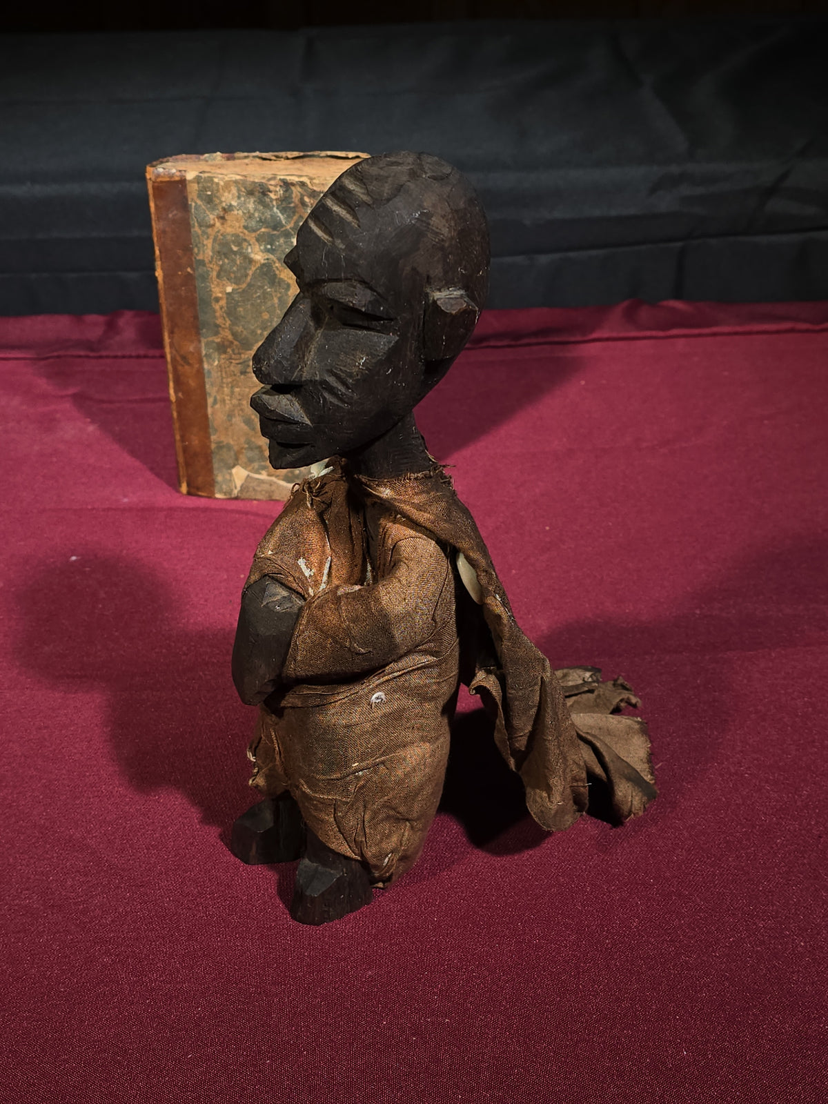 Trio of Antique and Vintage Items including Carved African Figure, Folk Art Painted Wooden Key Shelf, and 1820 "History of the United States of America" Book
