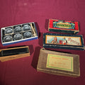 Lot 112 - Grouping of Five Antique and Vintage Boxed Items Including Embossing Company Checkers, German Domino Set, J. L. Hammett Parquetry Blocks, Glass Salt Cellars, and Pocket Level