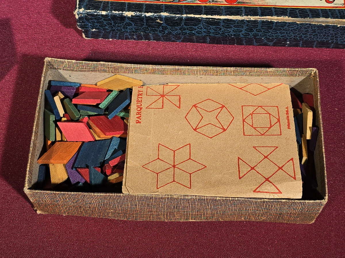 Grouping of Five Antique and Vintage Boxed Items including Embossing Company Checkers, German Domino Set, J. L. Hammett Parquetry Blocks, Glass Salt Cellars, and Pocket Level