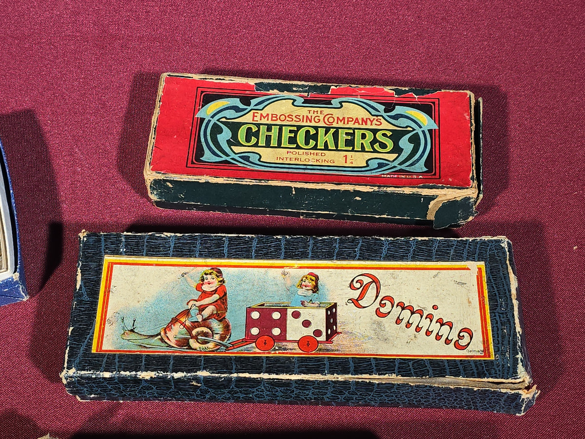 Grouping of Five Antique and Vintage Boxed Items including Embossing Company Checkers, German Domino Set, J. L. Hammett Parquetry Blocks, Glass Salt Cellars, and Pocket Level