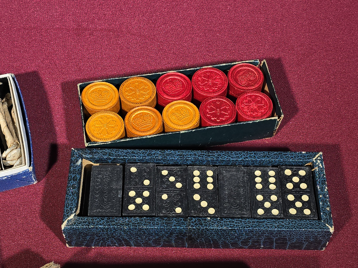 Grouping of Five Antique and Vintage Boxed Items including Embossing Company Checkers, German Domino Set, J. L. Hammett Parquetry Blocks, Glass Salt Cellars, and Pocket Level