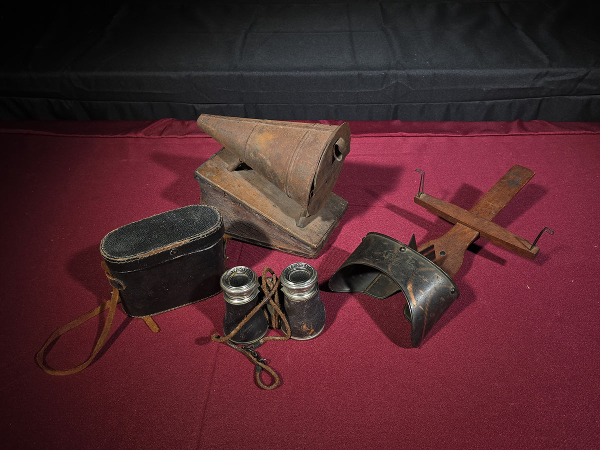 Trio of Antique Optical and Apiary Items including Binoculars with Case, Stereoscope Viewer, and Bee Smoker
