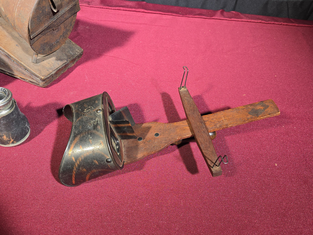 Trio of Antique Optical and Apiary Items including Binoculars with Case, Stereoscope Viewer, and Bee Smoker