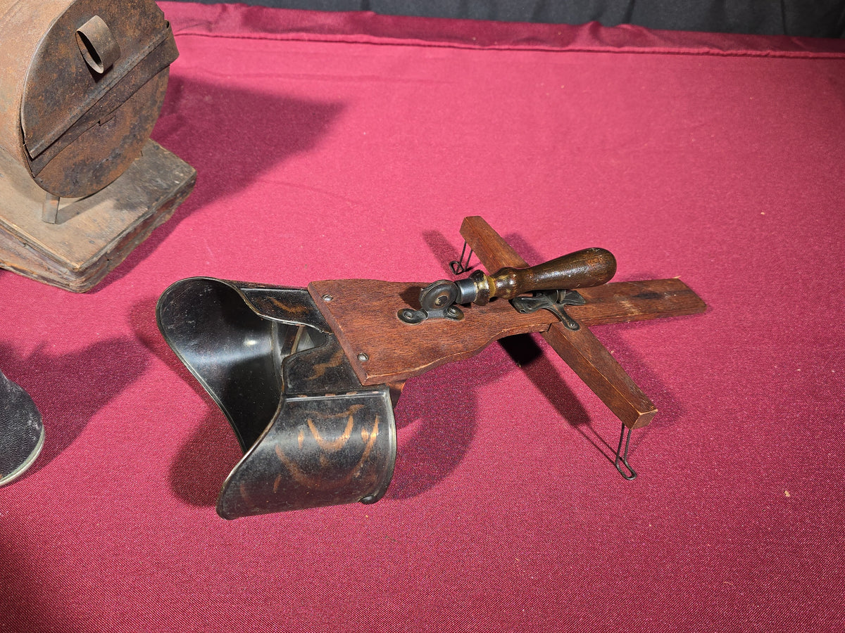 Trio of Antique Optical and Apiary Items including Binoculars with Case, Stereoscope Viewer, and Bee Smoker