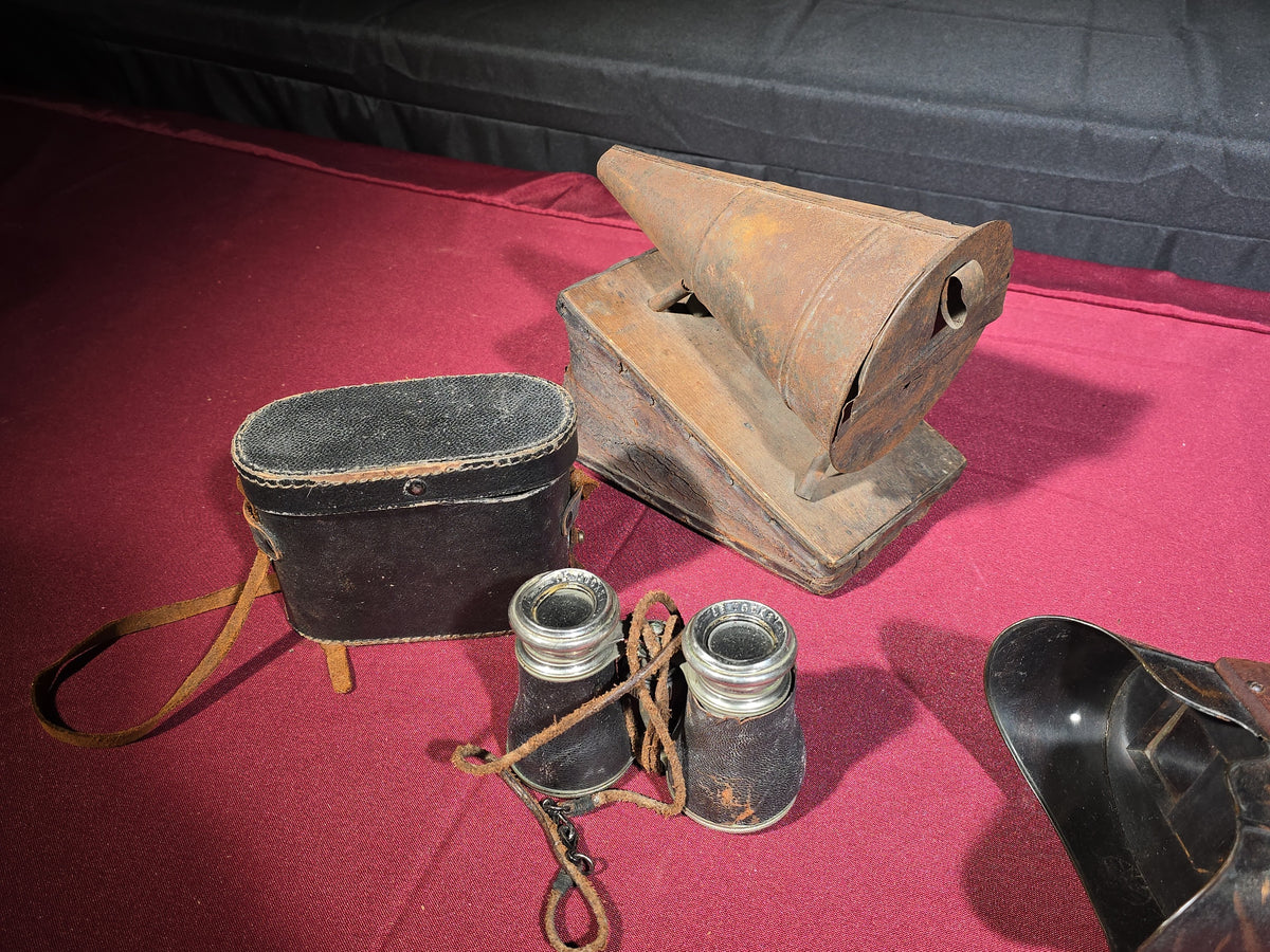 Trio of Antique Optical and Apiary Items including Binoculars with Case, Stereoscope Viewer, and Bee Smoker