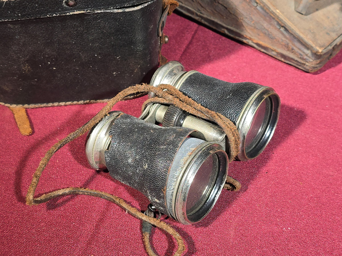 Trio of Antique Optical and Apiary Items including Binoculars with Case, Stereoscope Viewer, and Bee Smoker
