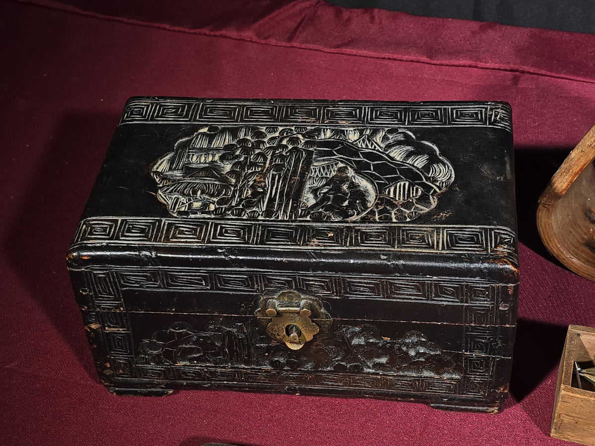 Grouping of Antique and Vintage Wooden Items including Carved Box, Wood Planes, Stirrups, and Brass Balance Scale
