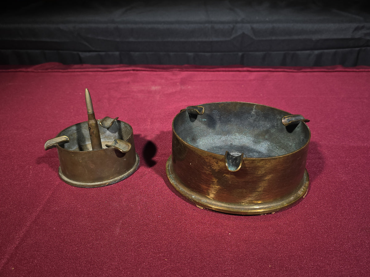 Pair of Vintage Trench Art Brass Shell Casing Ashtrays including One with Center Bullet
