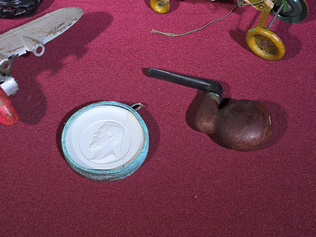 Grouping of Antique and Vintage Toys and Collectibles including Monopoly Game, "Lindy" Flying Card Game, Metal Airplane, Wooden Pull Toy, and Dime Register Bank