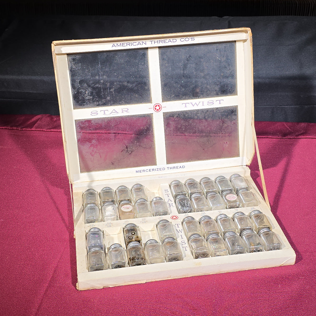 Antique American Thread Co. Star Twist Mercerized Thread Cabinet with Glass Jars Containing Assorted Hardware