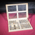 Lot 217 - Antique American Thread Co. Star Twist Mercerized Thread Cabinet with Glass Jars Containing Assorted Hardware, 13-1/2" L x 10" W