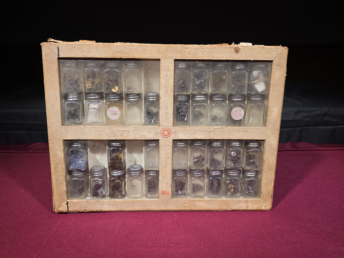 Antique American Thread Co. Star Twist Mercerized Thread Cabinet with Glass Jars Containing Assorted Hardware