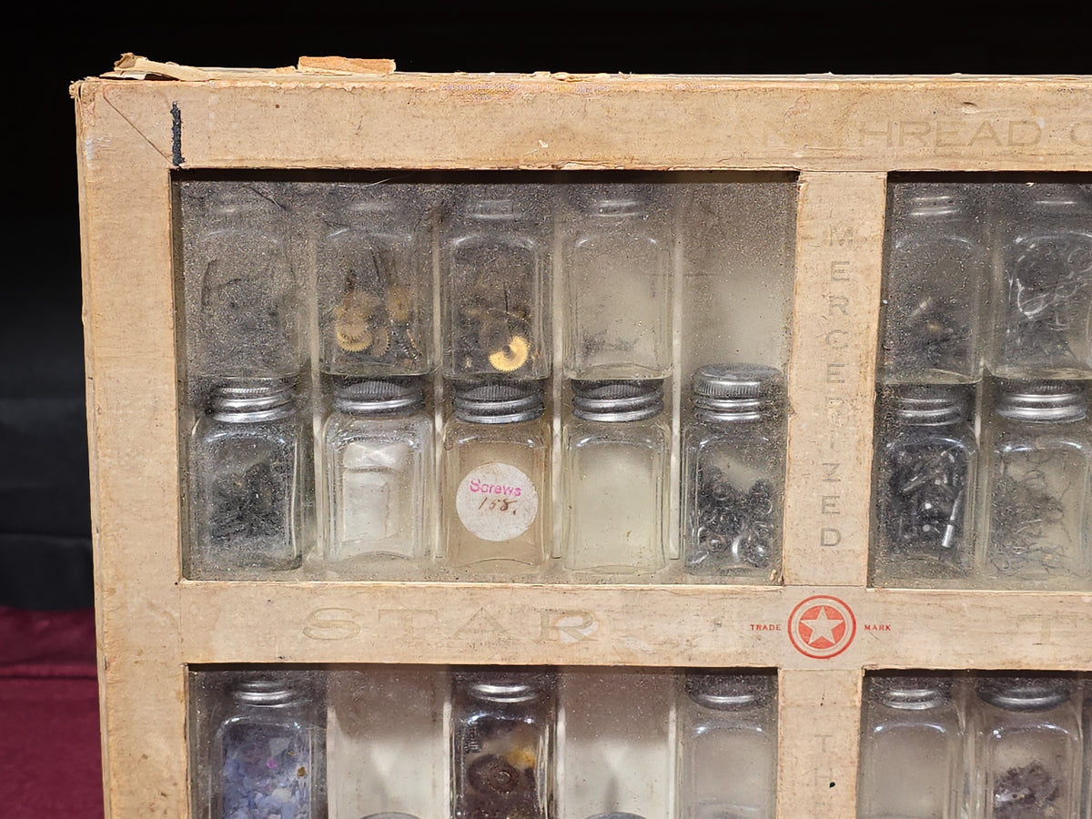 Antique American Thread Co. Star Twist Mercerized Thread Cabinet with Glass Jars Containing Assorted Hardware