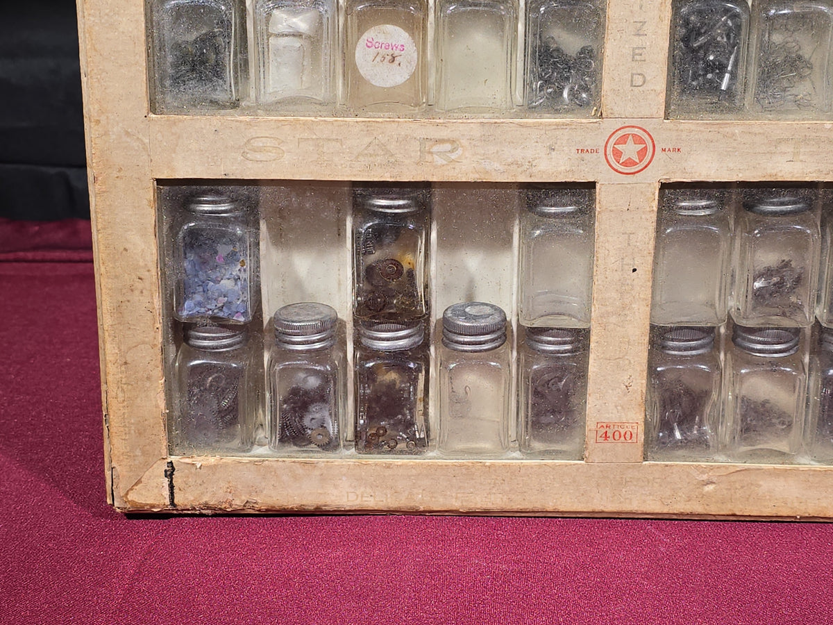 Antique American Thread Co. Star Twist Mercerized Thread Cabinet with Glass Jars Containing Assorted Hardware