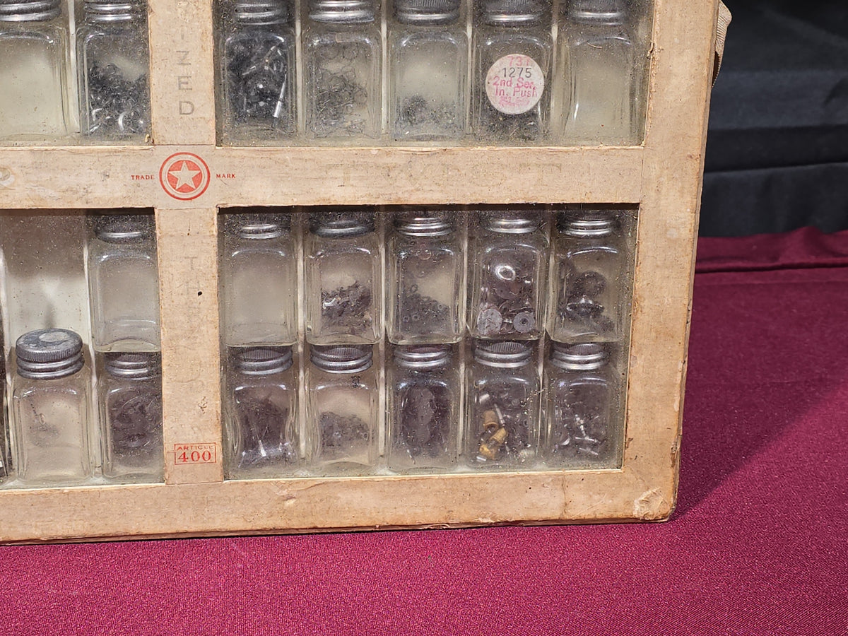 Antique American Thread Co. Star Twist Mercerized Thread Cabinet with Glass Jars Containing Assorted Hardware