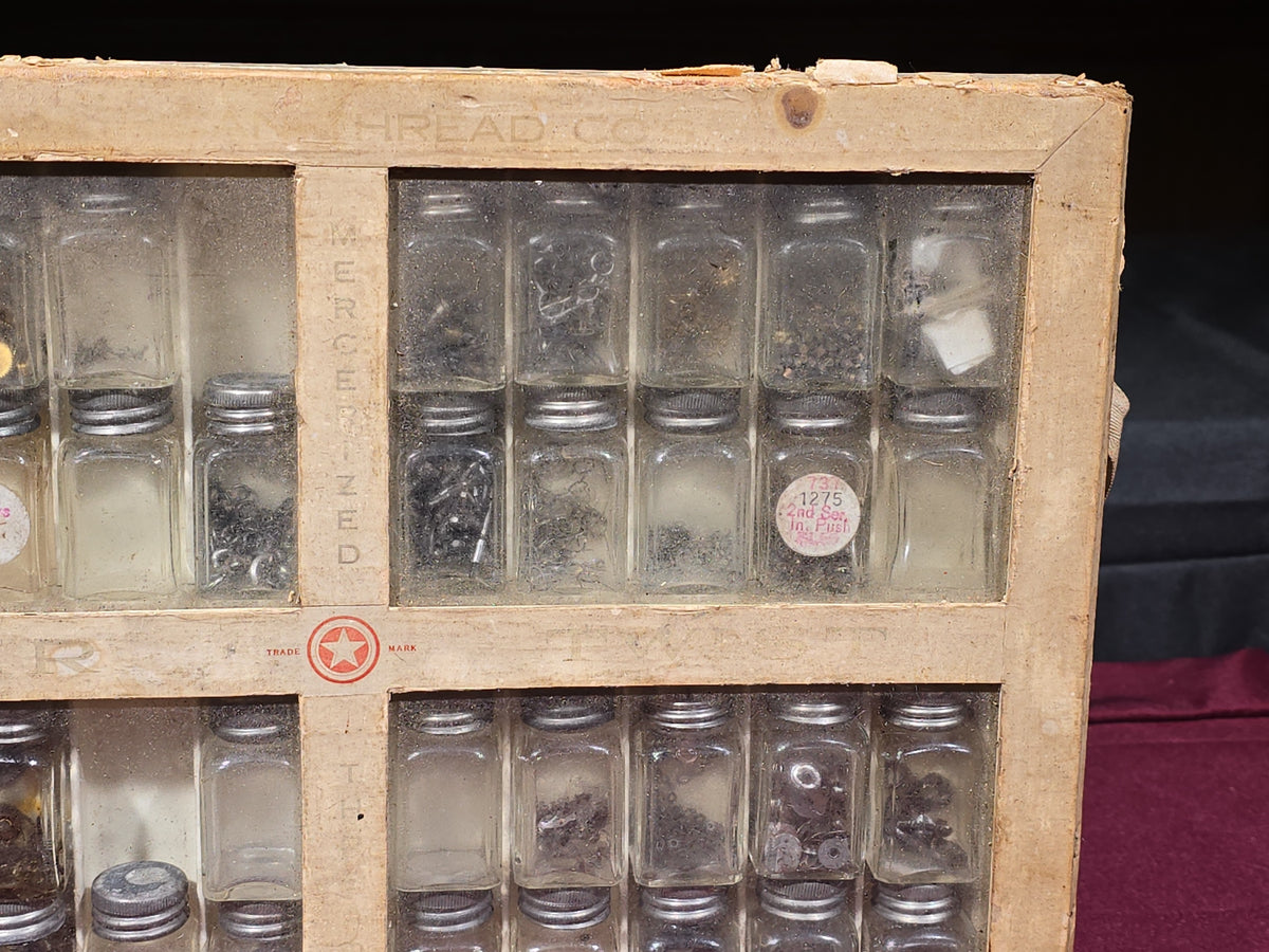 Antique American Thread Co. Star Twist Mercerized Thread Cabinet with Glass Jars Containing Assorted Hardware