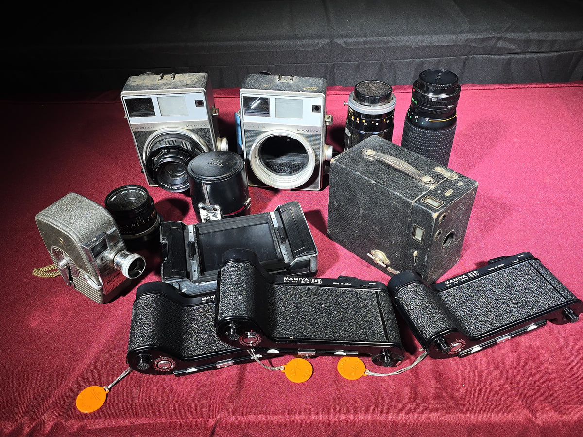 Grouping of Vintage and Antique Cameras, Lenses, and Accessories including Mamiya Universal, Mamiya Super 23, and Keystone Capri