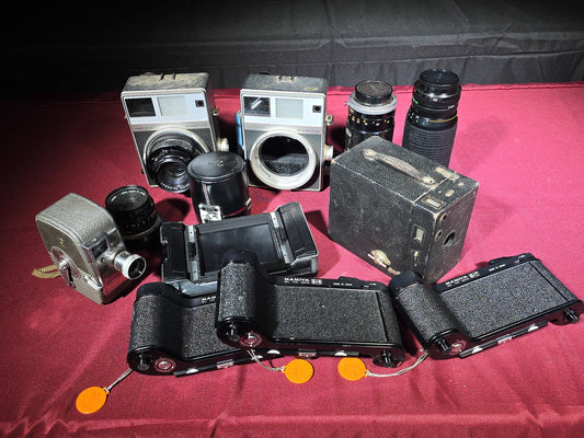Grouping of Vintage and Antique Cameras, Lenses, and Accessories including Mamiya Universal, Mamiya Super 23, and Keystone Capri