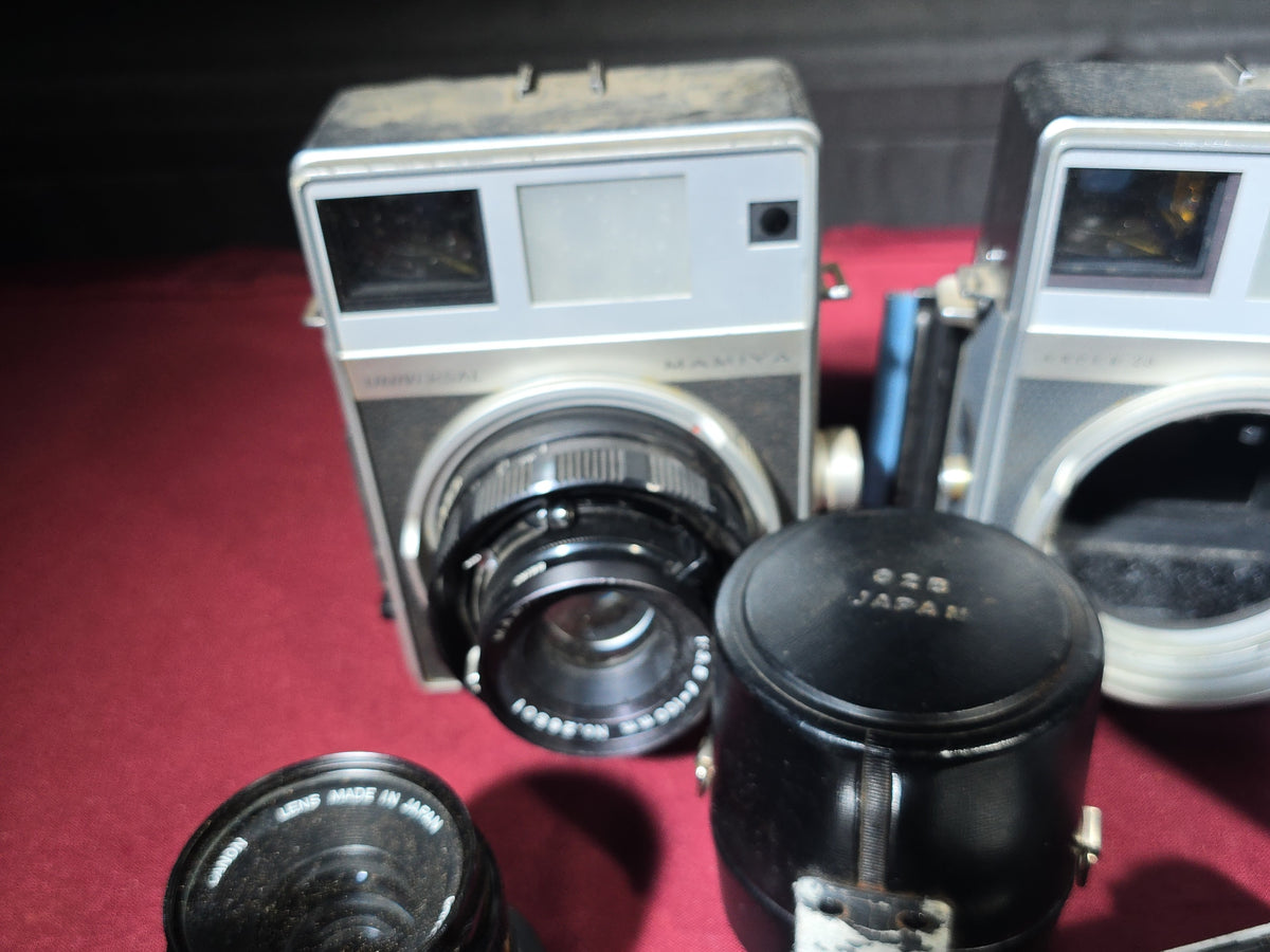 Grouping of Vintage and Antique Cameras, Lenses, and Accessories including Mamiya Universal, Mamiya Super 23, and Keystone Capri